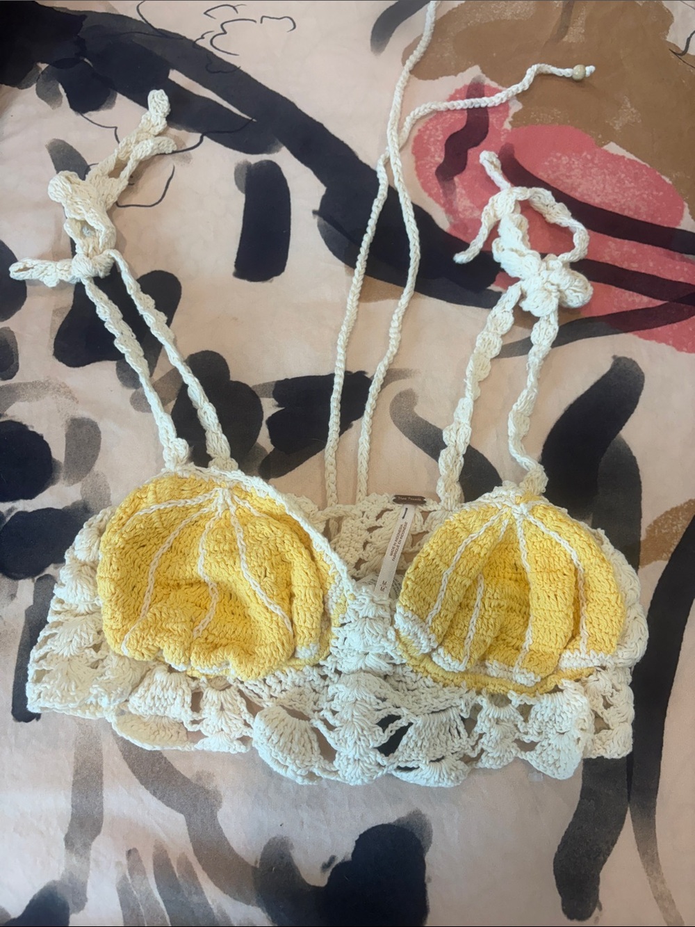 Free People Yellow Ivory Crochet Bralette Bikini Top Size M Boho